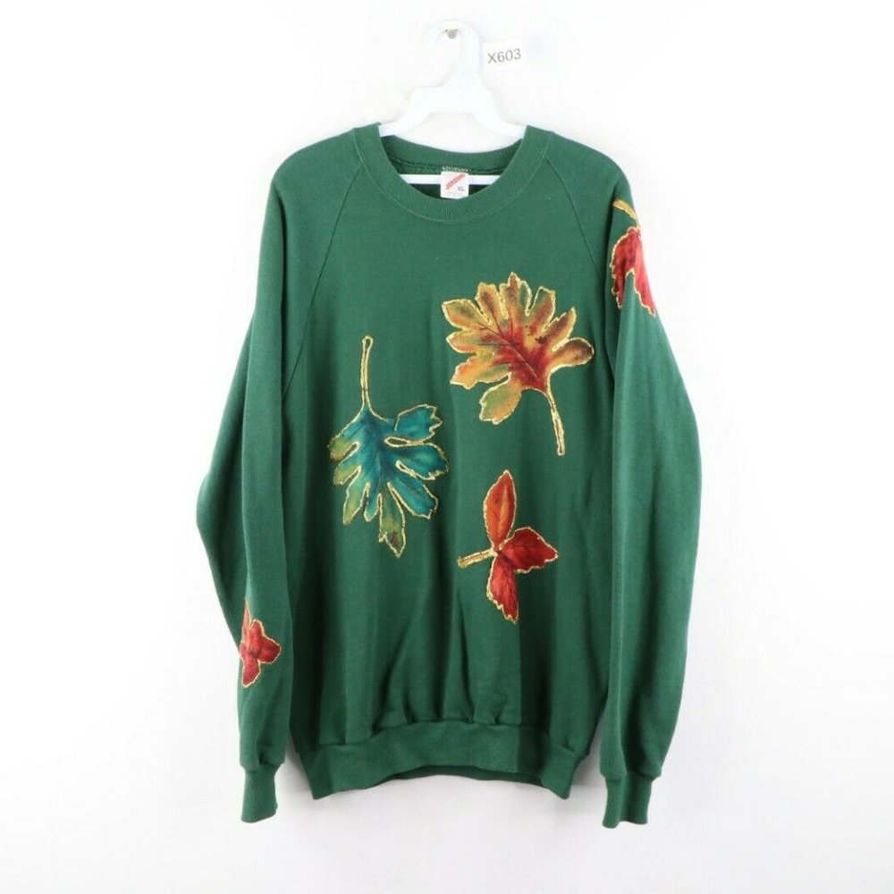 Vtg 90s Streetwear Glitter Fall Leaves Sweatshirt
